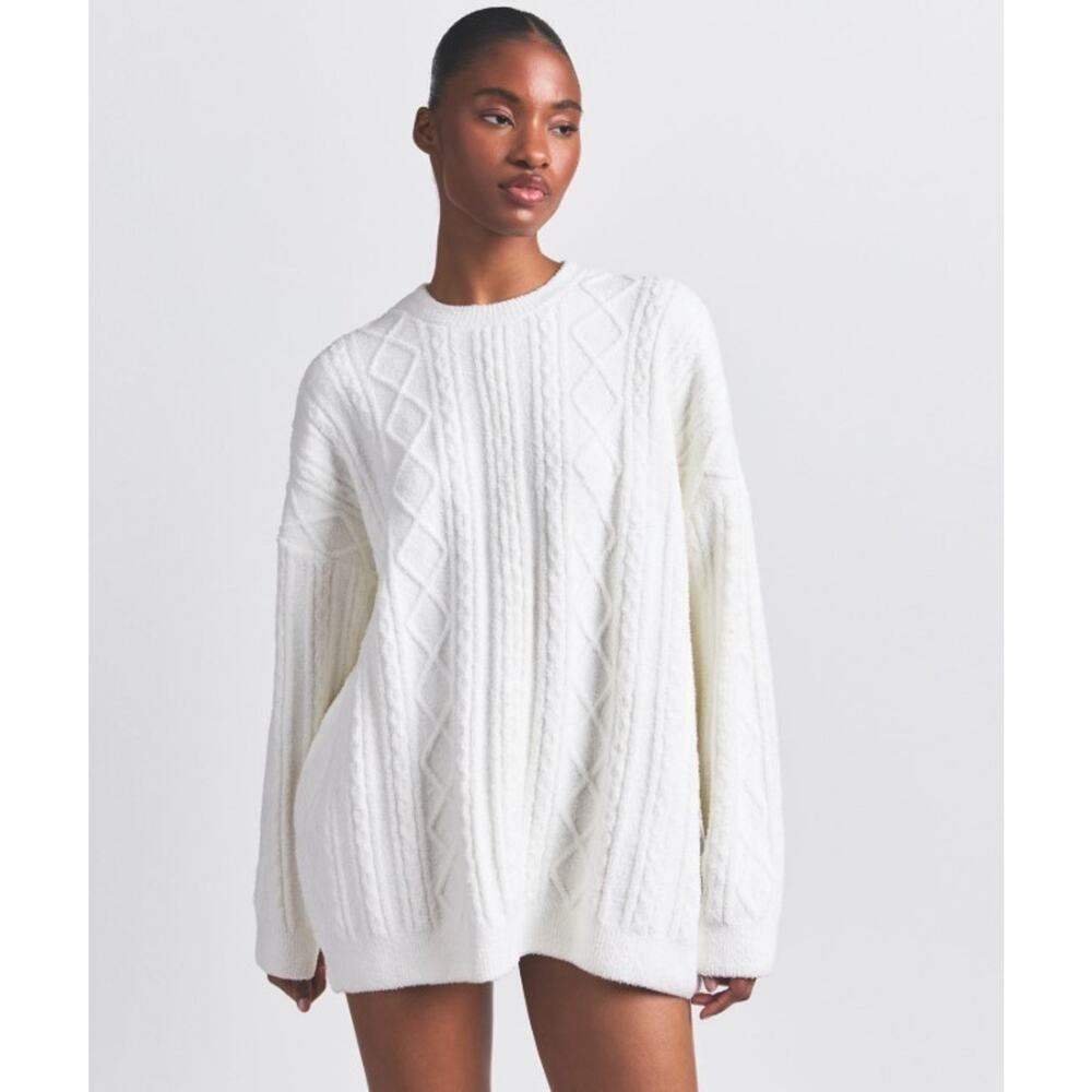 Skims Cozy Cable Knit Oversized Crewneck Pullover PL-PLO-7112W Ivory L/XL - Picture 5 of 5